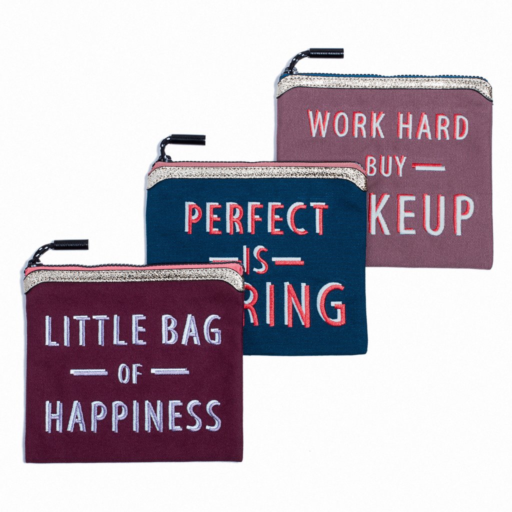 'PERFECT IS BORING' 'LITTLE BAG OF HAPPINESS' 'WORK HARD BUY MAKEUP' bag set Henry Charles